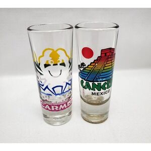 Set Of 2●Cancun & Playa Del Carmen Mexico Hand-Painted Tall Shooter Shot Glasses